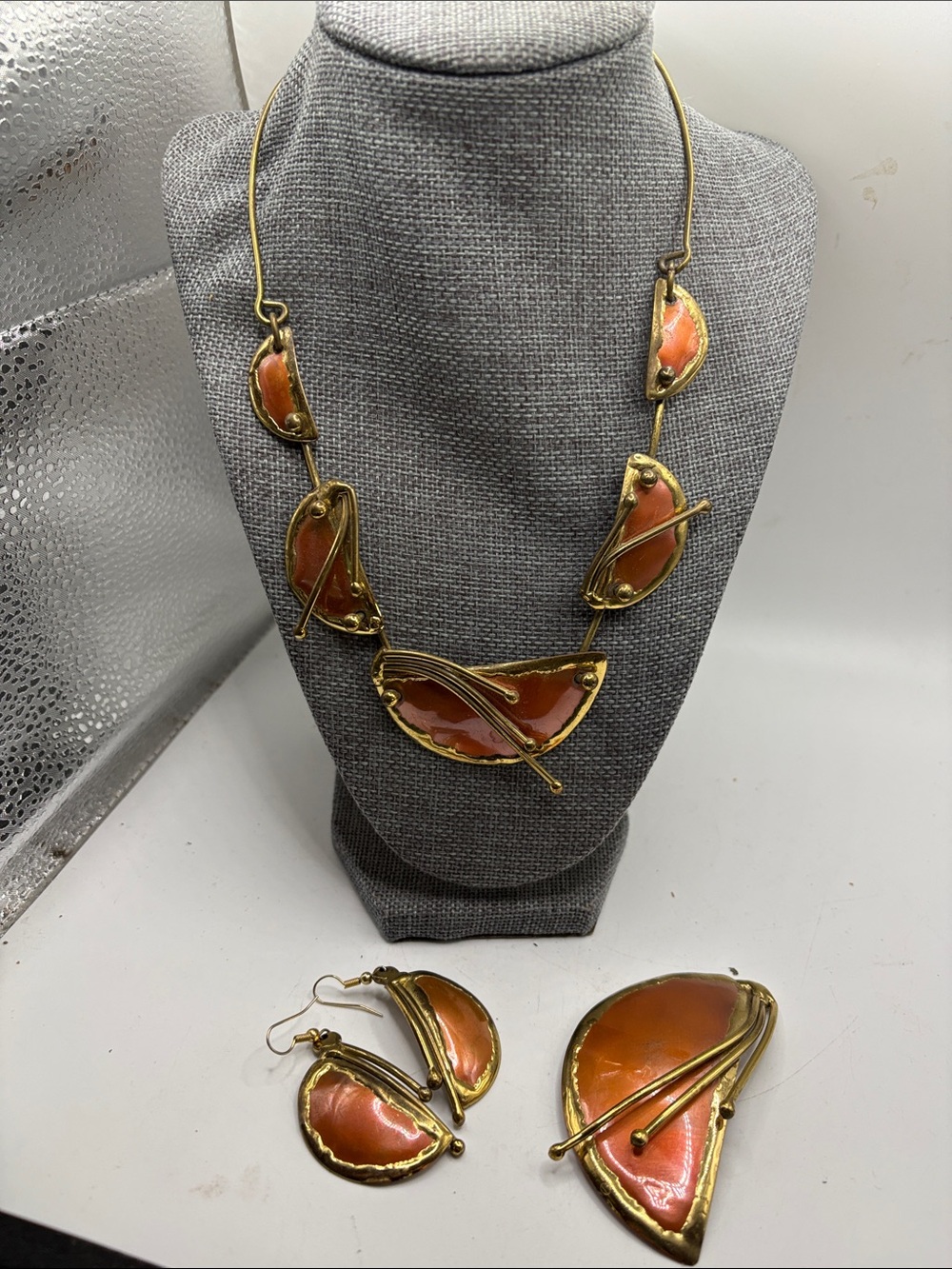 Vintage Copper & Brass Pendant Necklace & Earrings w Brooch